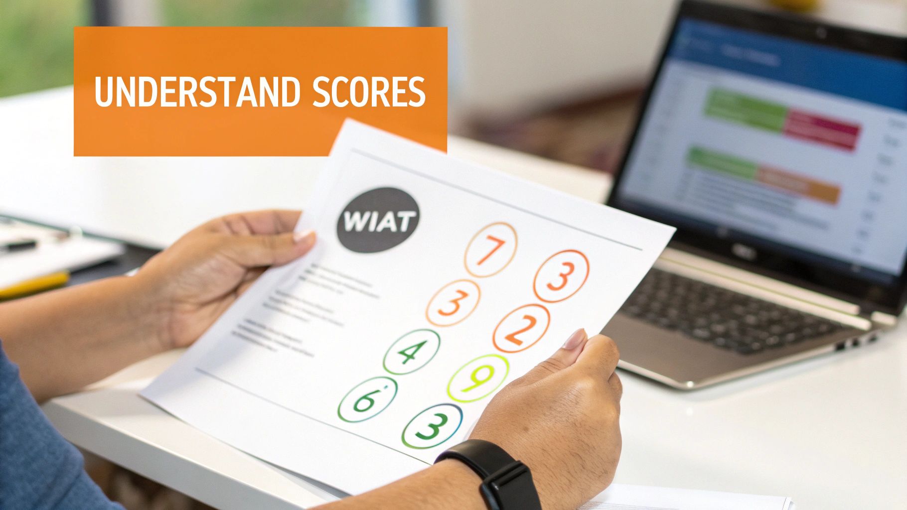 A parent and an educator reviewing a detailed score report together, pointing to charts and numbers.