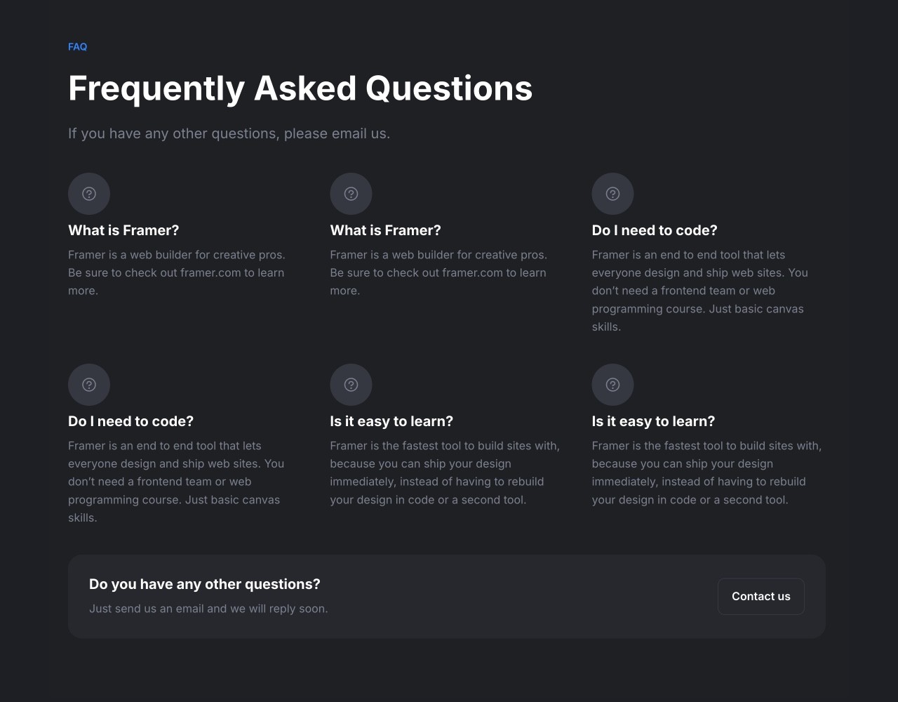 Framer Dark FAQ Section - Frameblox UI