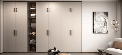 A modern interior featuring three light-colored wardrobe doors and a decorative wall shelf with items on it.