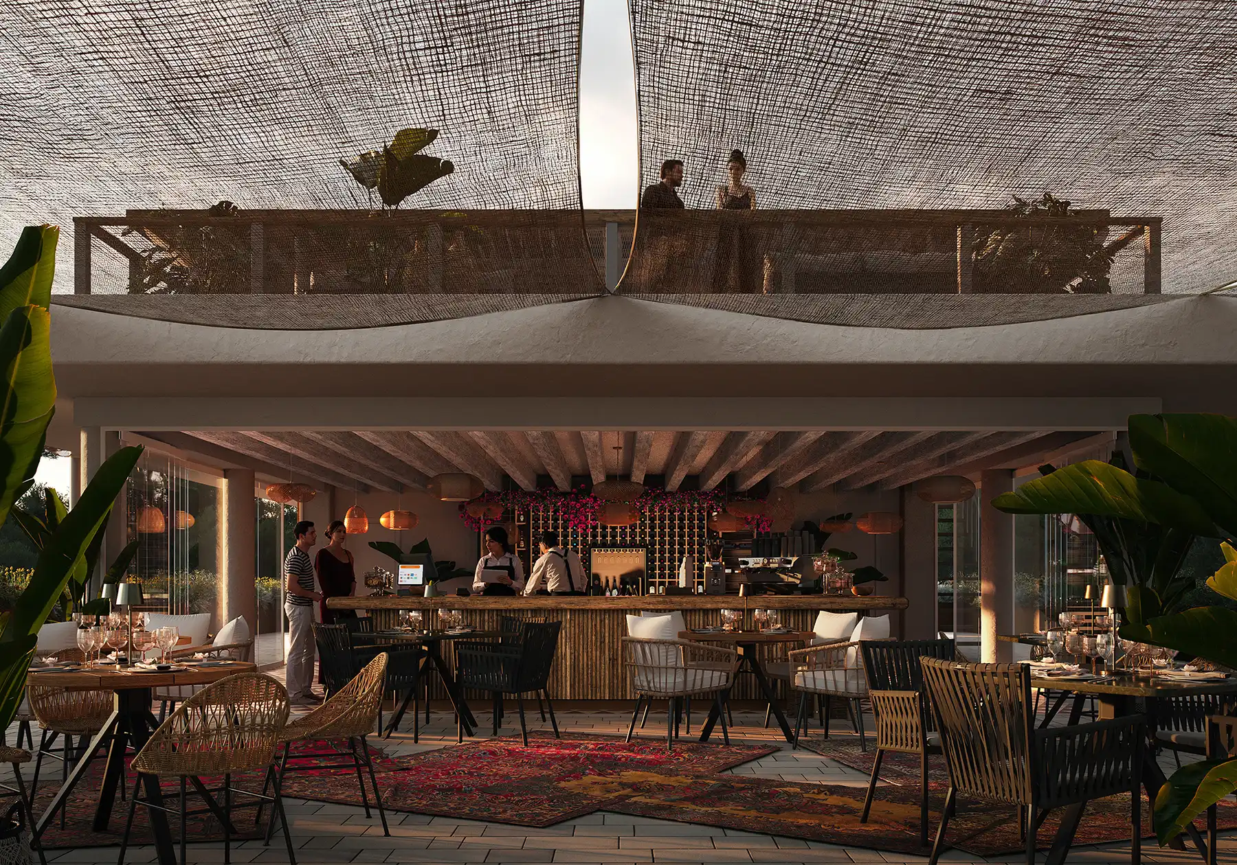 Open-air restaurant and bar with large overhead net canopy, wooden counter, and woven furniture. Warm evening atmosphere for upscale outdoor dining.