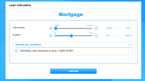 The image shows a mortgage loan calculator window, with multiple slider to set the data.