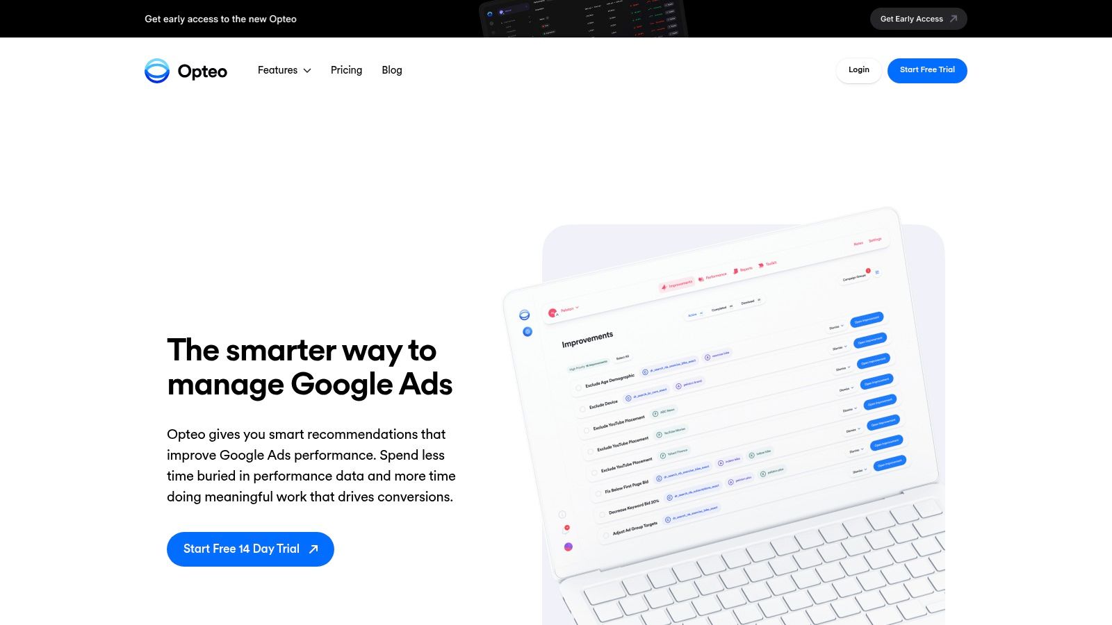 Opteo's improvements dashboard showing actionable suggestions for a Google Ads account.