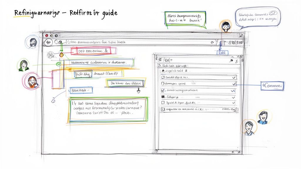 A detailed hand-drawn guide illustrating a web application interface with user annotations and workflow.