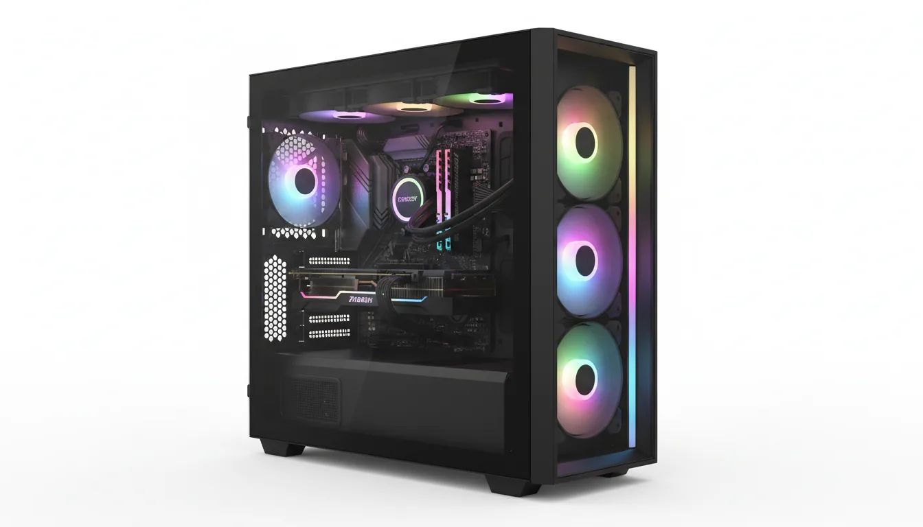 DSLR product photograph of a modern black prebuilt PC tower, captured at a three-quarters angle against a plain white studio background. The case features a large tempered glass side panel, revealing the interior components. The system is illuminated by vibrant multi-color rainbow RGB lighting from three case fans and a prominent vertical LED strip on the front panel. Soft studio lighting creates clean reflections on the glass and highlights the matte black texture of the chassis. The image has a sharp focus, showcasing the detailed internal hardware like the motherboard, GPU, and CPU cooler.
