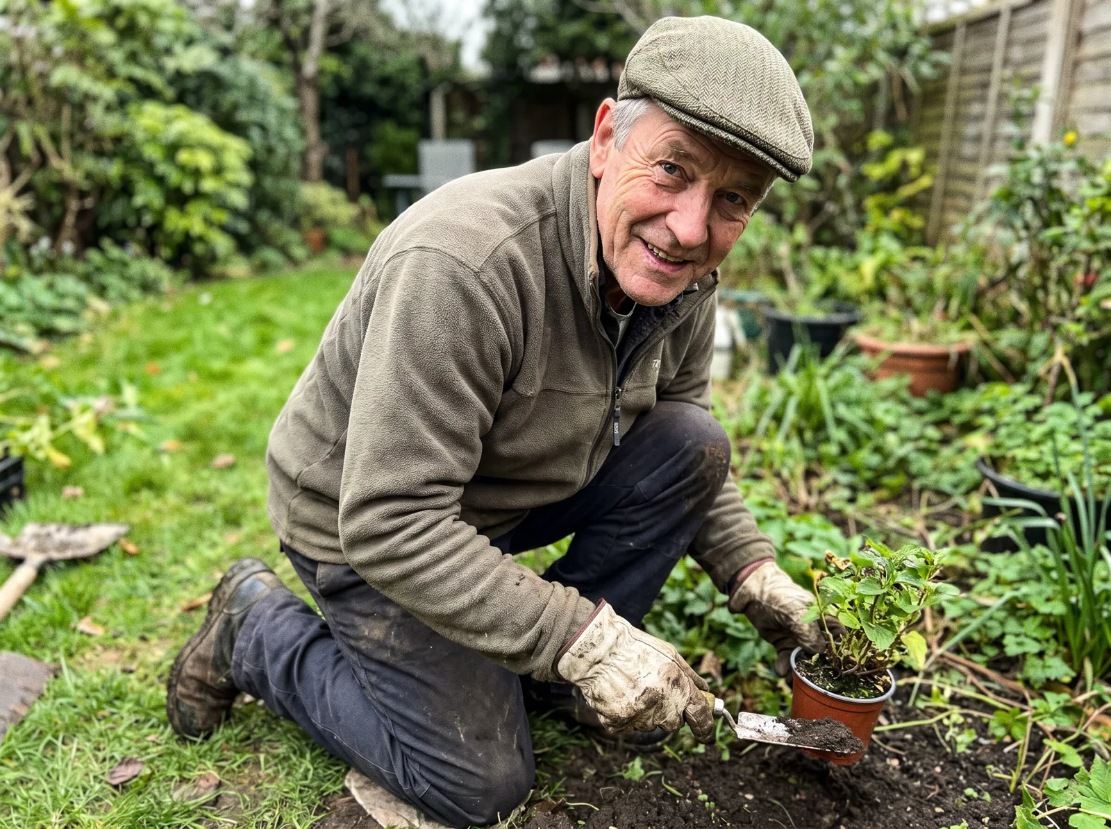Brian planting flowers in his back garden