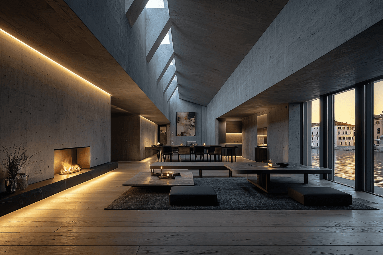 A spacious, minimalist living room with raw concrete walls and ceilings, featuring a recessed fireplace, a sloped ceiling with integrated skylights, and large windows overlooking a canal at sunset.
