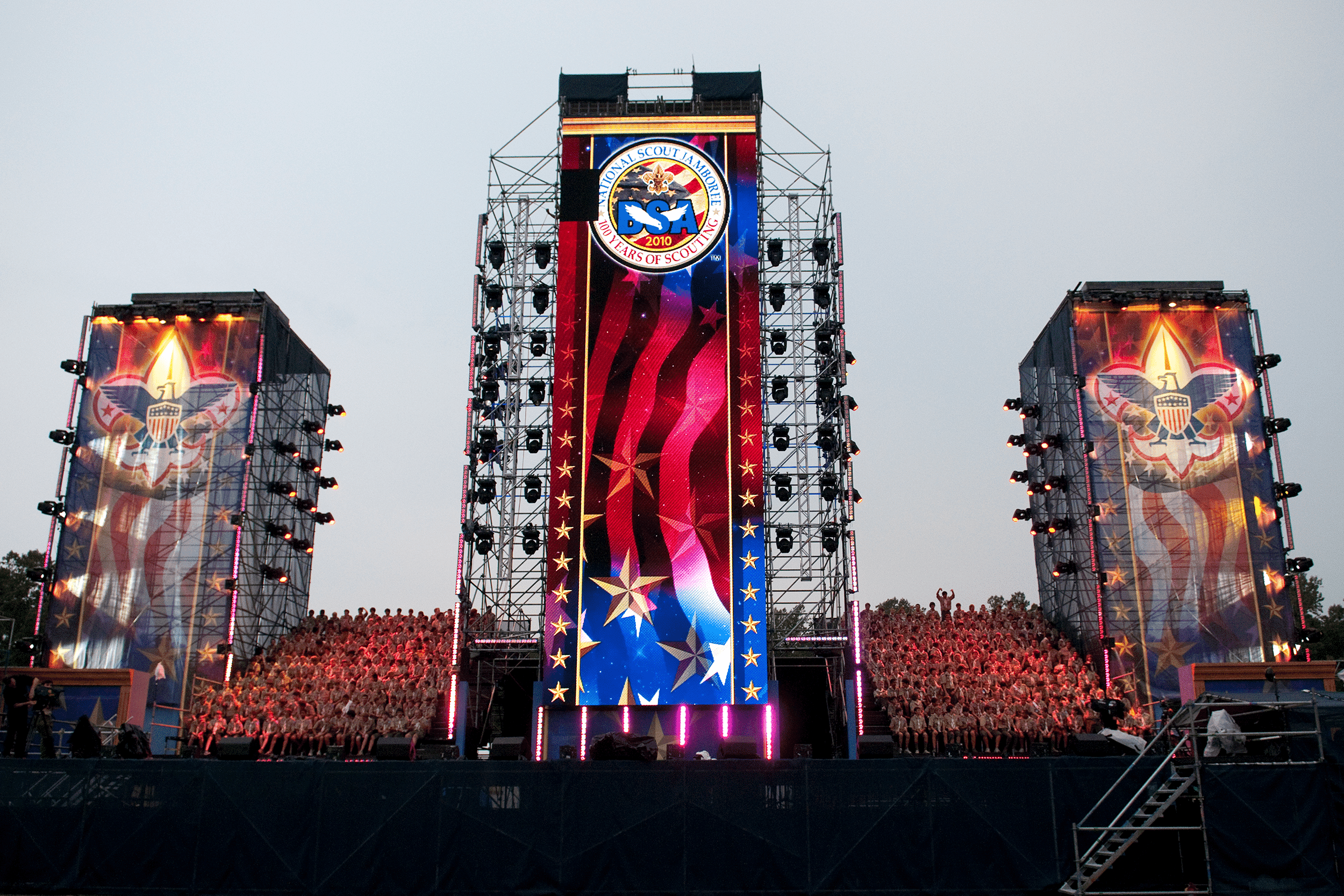 Boy Scouts 100th Anniversary National Scout Jamboree stage pillars with grand stands
