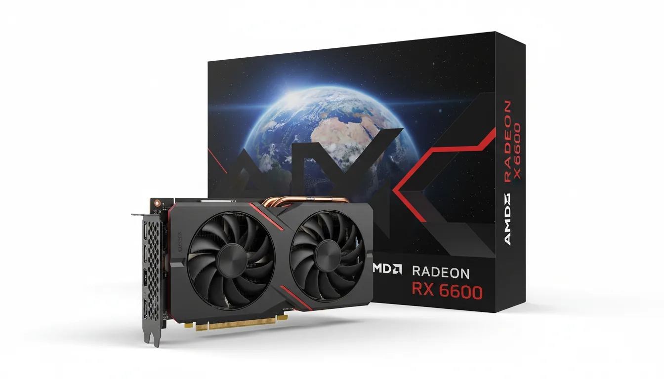 DSLR product photography of an AMD Radeon RX 6600 graphics card and its retail packaging, isolated on a clean white background. The dual-fan graphics card is in the foreground, angled to show its black shroud and visible copper heat pipes. The black rectangular box is behind the card, featuring artwork of Earth from space with a lens flare, with futuristic abstracted branding text and vibrant red accents. Soft studio lighting creates subtle drop shadows, sharp focus, hyper-detailed, photorealistic.