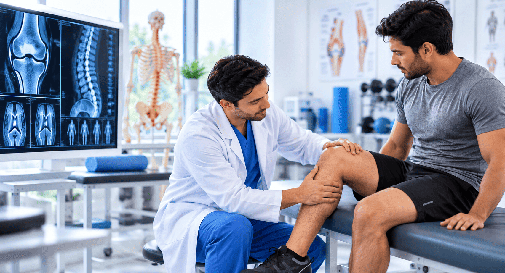 Doctor assessing a patient’s knee in the orthopedic clinic
