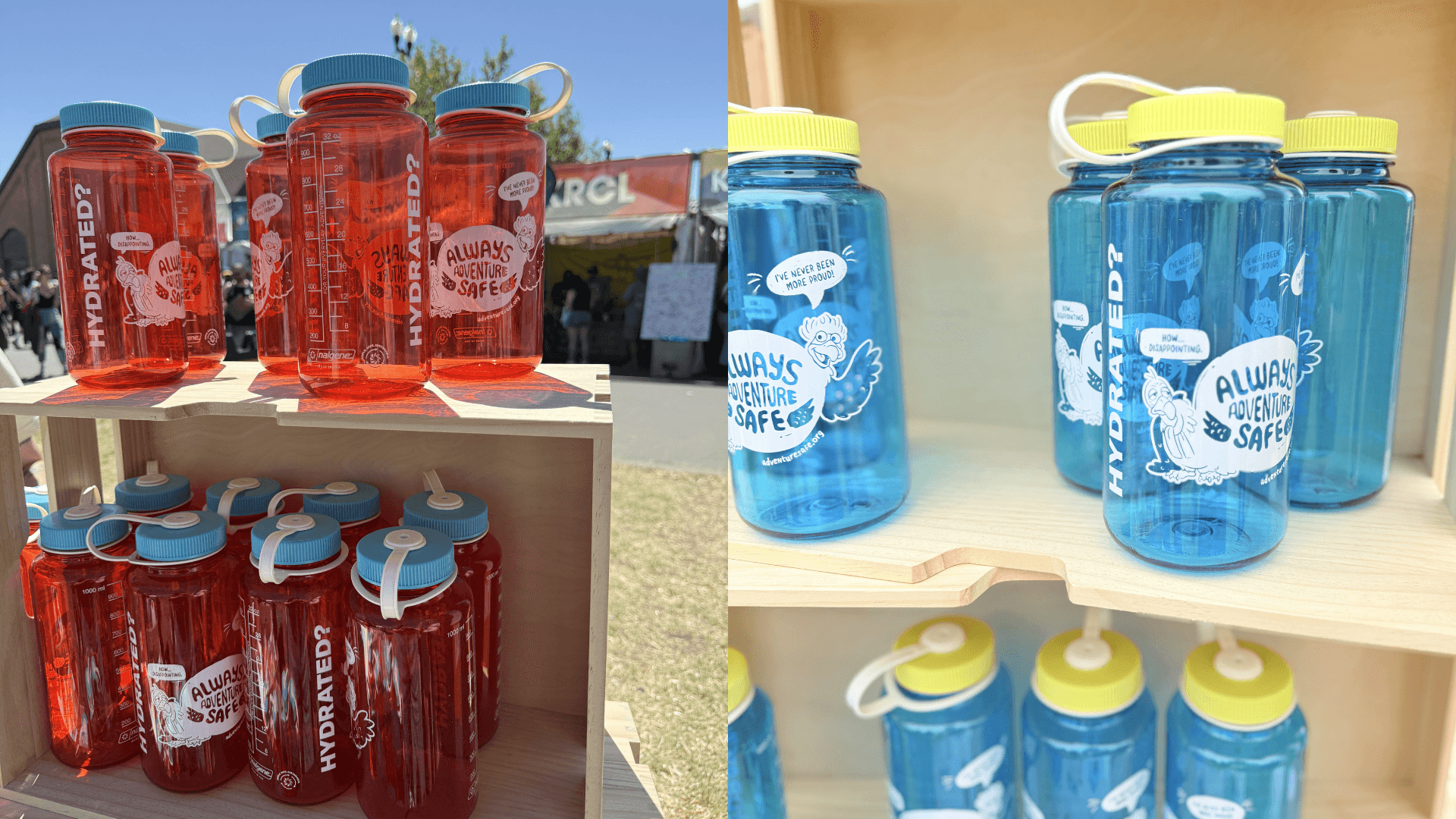 Two images next to each other of customized Nalgene bottles for the Always Adventure Safe campaign in both orange and blue.