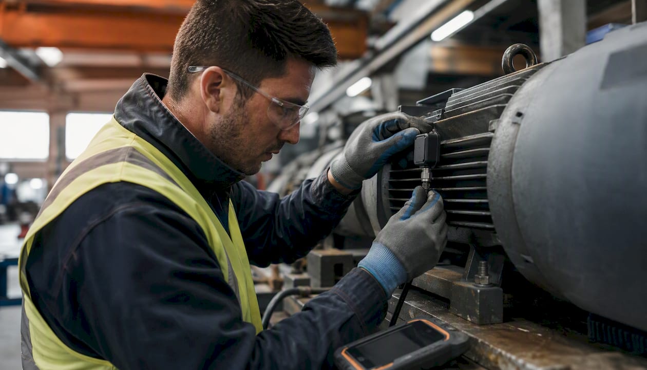 Hands adjusting sensor on industrial motor