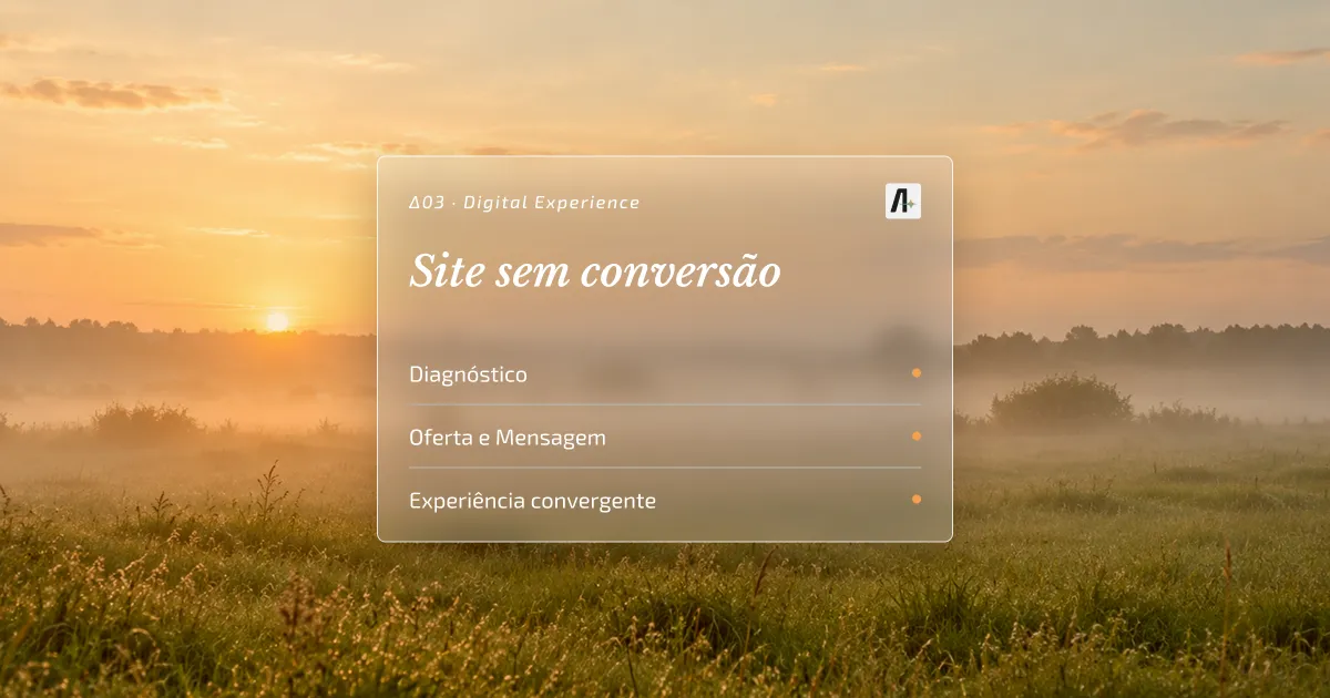 Paisagem com card de vidro do diagnóstico do site: estratégia, posicionamento e DEX, as 3 camadas da conversão.