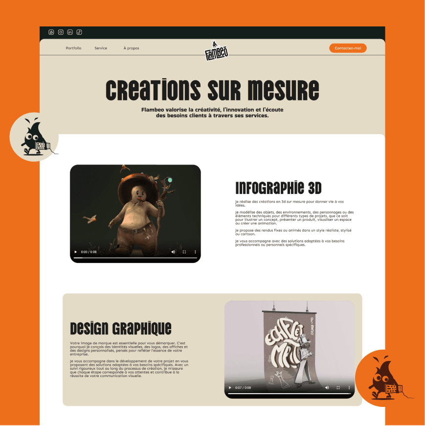 Pages internes site vitrine Flambeo — design UX/UI cohérent par Mélanie Depré, freelance web