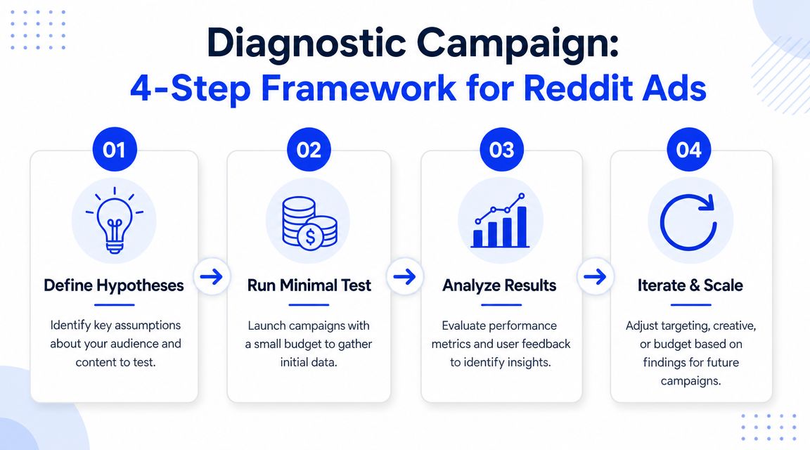 A diagram outlining a four-step diagnostic framework for managing effective marketing campaigns on Reddit.