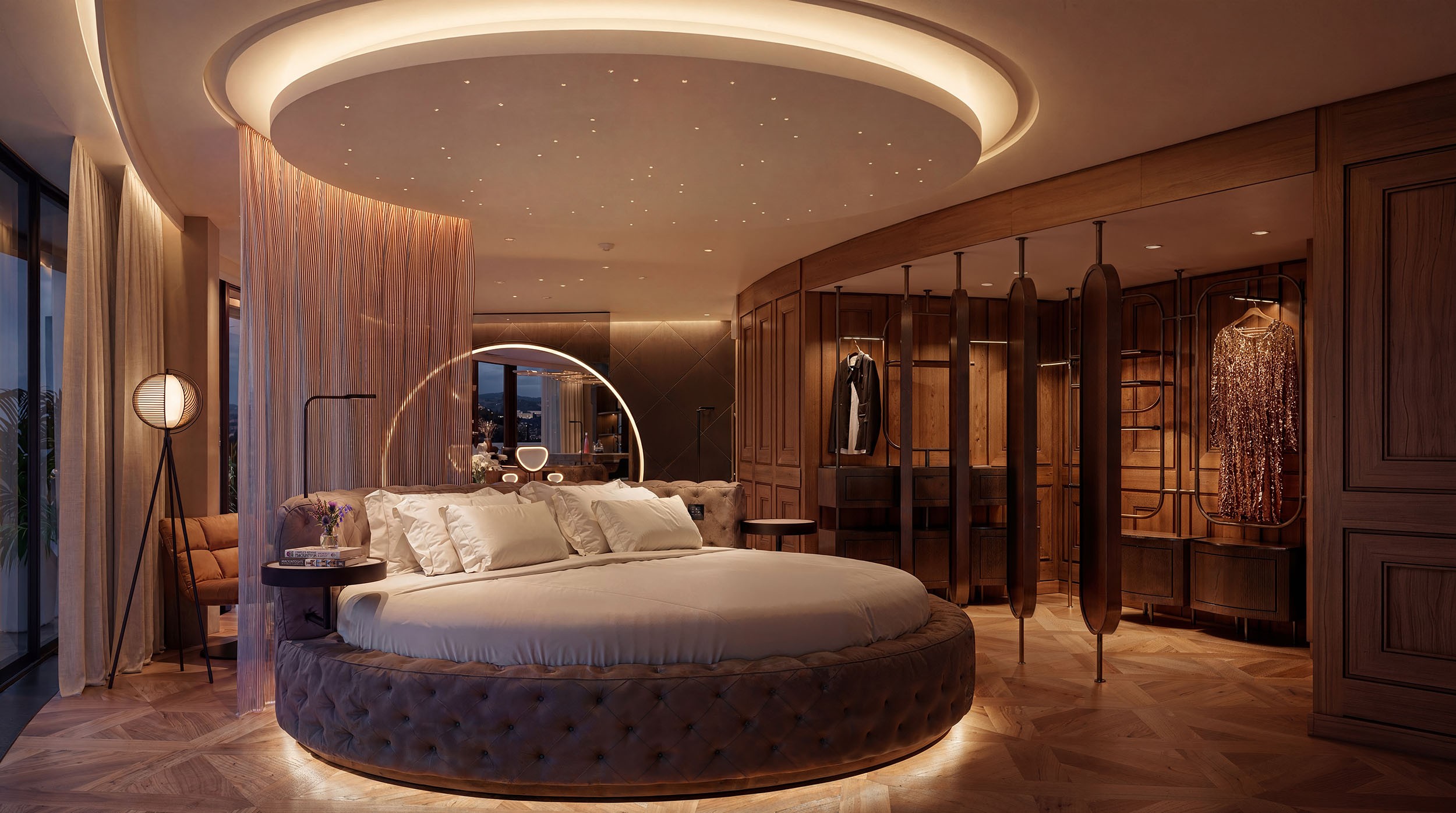 Luxury bedroom architectural render and interior visualisation.