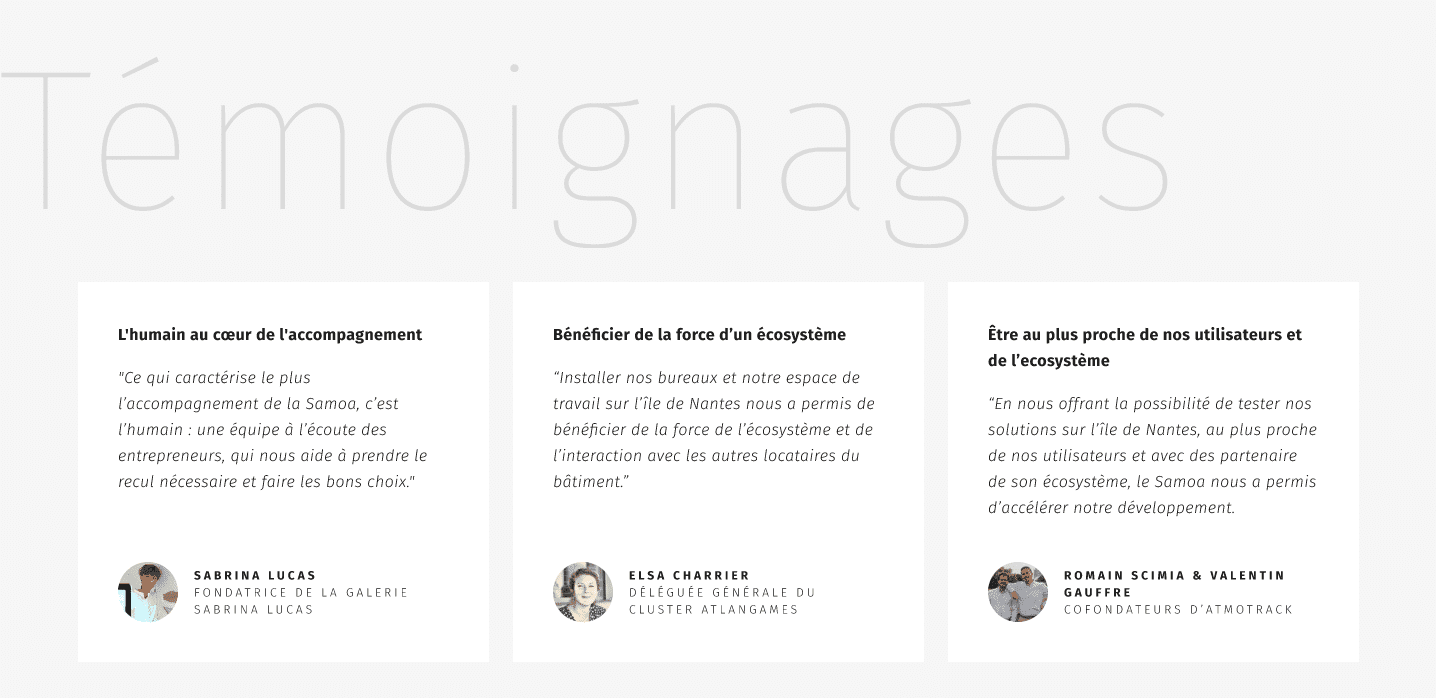 Une section de témoignages sur un site web, réalisée dans le cadre d'un projet d'ux/ui à nantes pour le compte de la Samoa