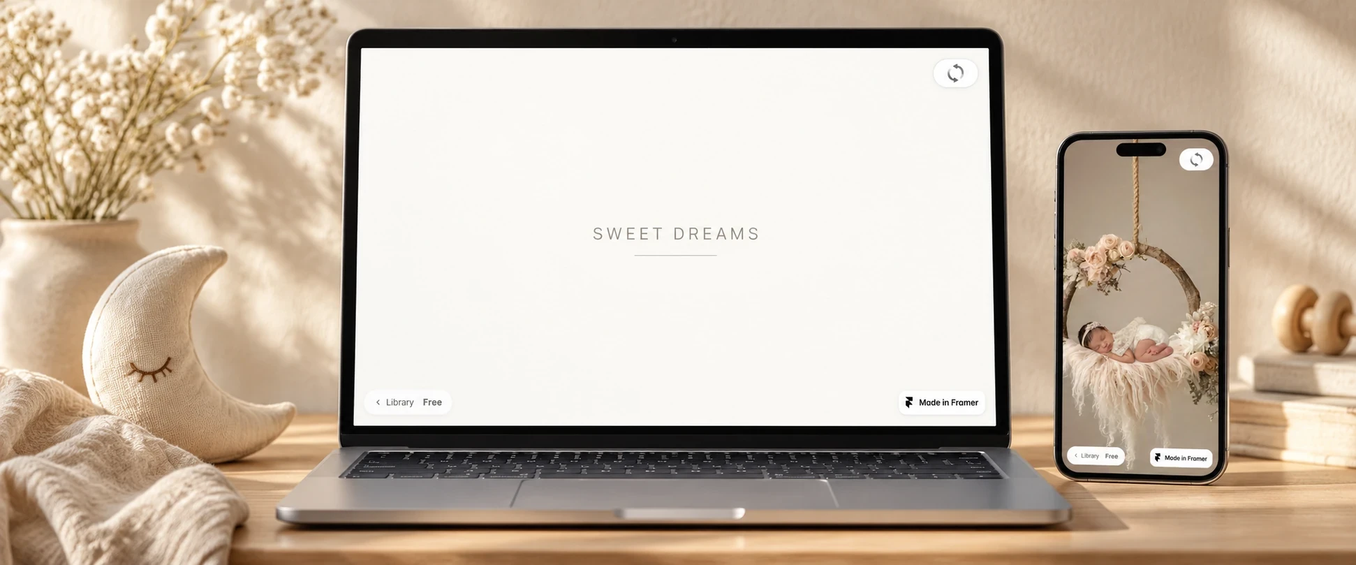 Hairline Loader auf einem Laptop mit SWEET DREAMS und feiner Linie; daneben zeigt ein Phone das fertige Babyfoto.