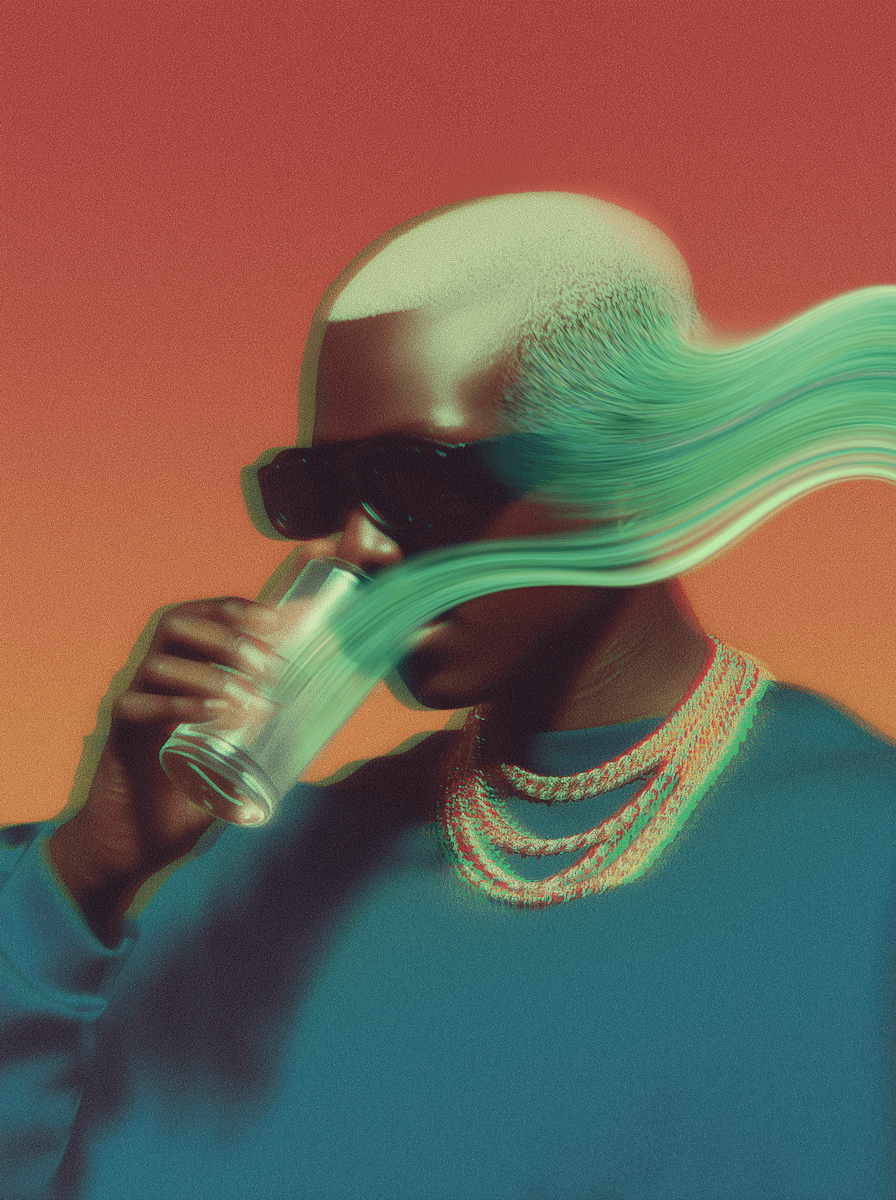 A stylized figure wearing sunglasses holding a drink, with vibrant colors and flowing green smoke in the background.