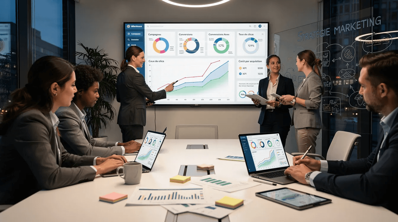 Une équipe de professionnels est réunie autour d'une table, analysant des graphiques et des données sur des ordinateurs portables, pour optimiser la performance de leur campagne Google Ads. Ils discutent des mots clés et des stratégies visant à améliorer la visibilité des annonces et le taux de conversion sur leur site web.