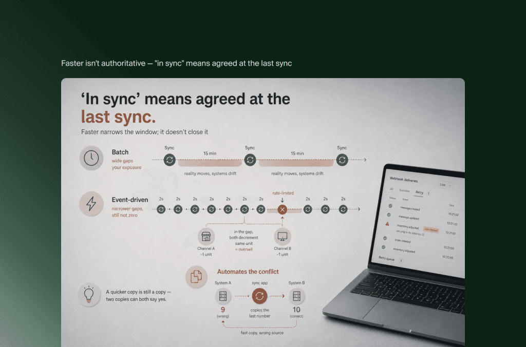 Batch- versus event-gedreven voorraadsync: sneller verkleint het gat, maar twee kopieën kunnen nog steeds allebei ja zeggen