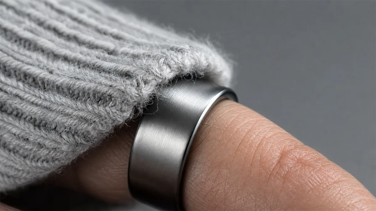 Knitted sleeve fibers brushing the surface of a plain metal zikr ring