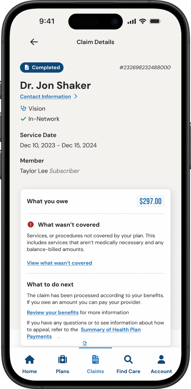 Claim details for a completed claim, explaining what the member owes and what wasn’t covered