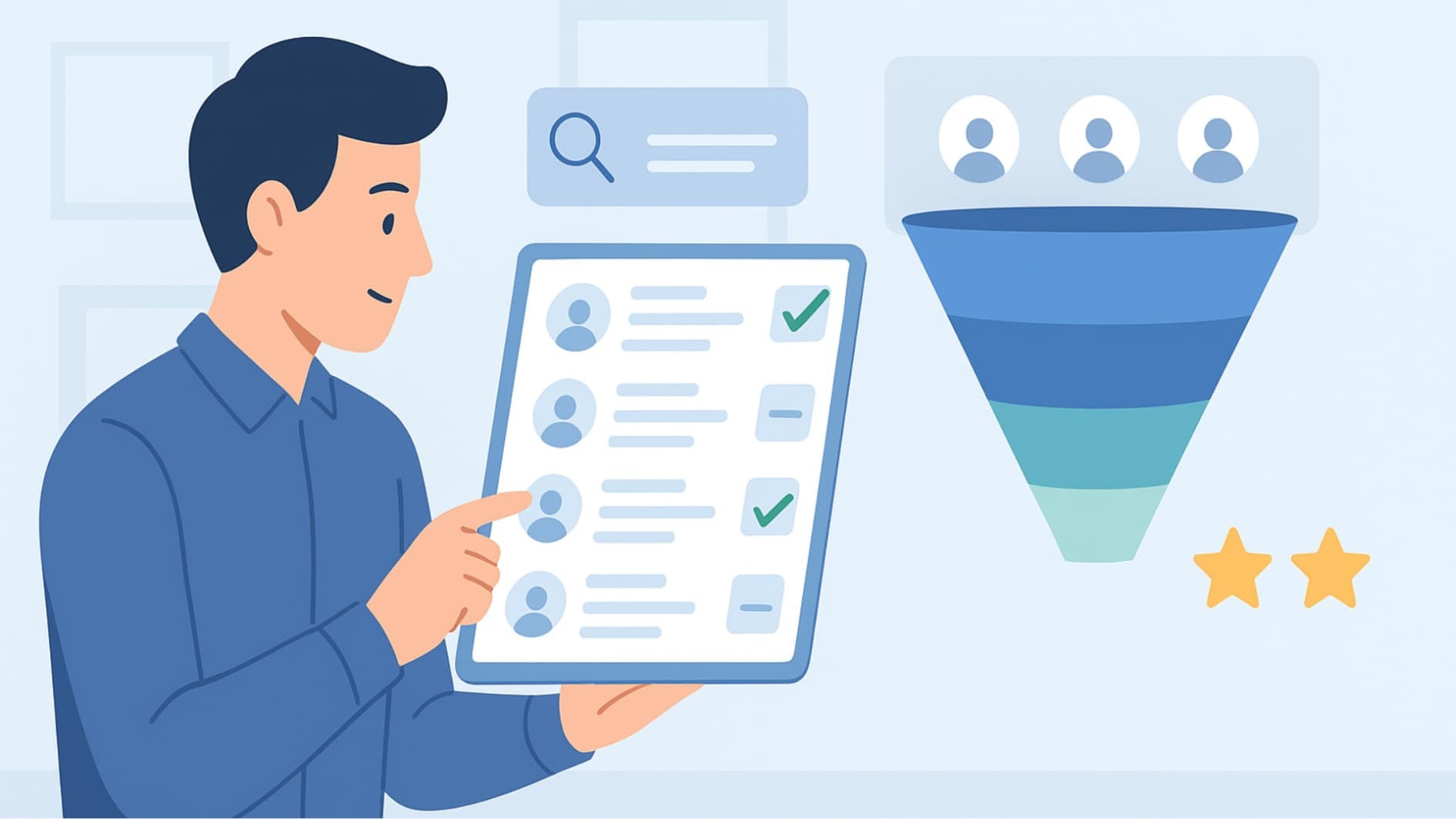 Illustration showing a man reviewing a customer profile on a tablet, indicating the importance of qualifying leads and focusing on high-potential opportunities to maintain a healthy sales pipeline.