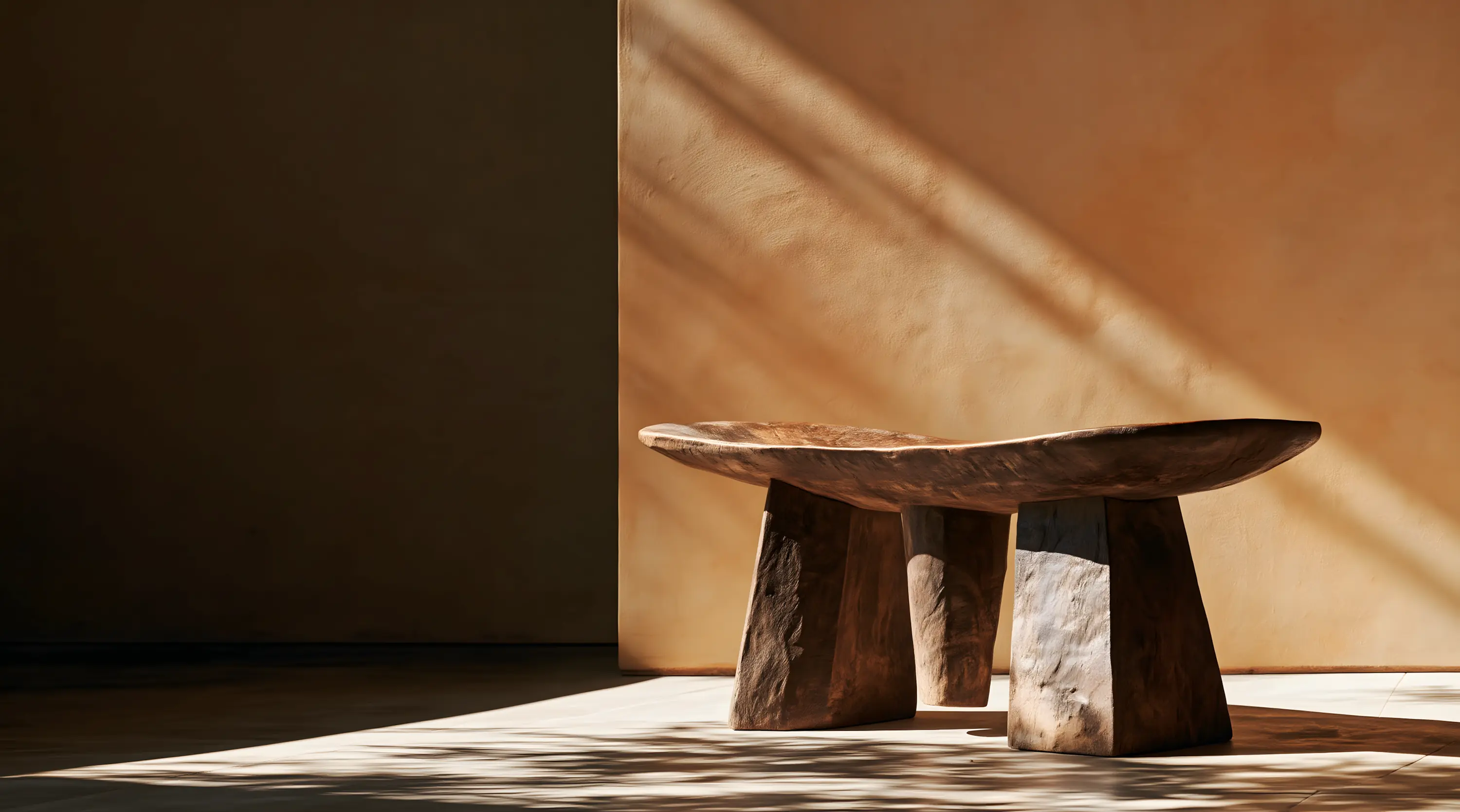 Carved wooden stool on a plain floor, lit by a single shaft of raking daylight