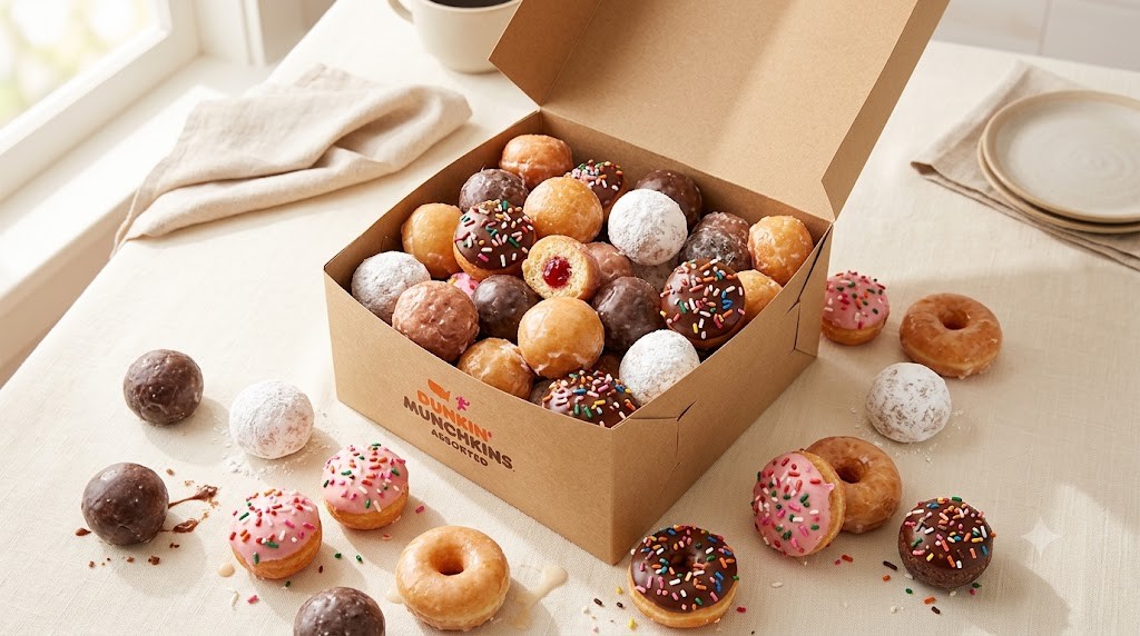 An appetizing overhead flat lay photograph for a food blog, capturing an open cardboard bakery box overflowing with assorted Dunkin' Munchkins donut holes. The colorful, bite-sized treats include glazed, chocolate frosted with sprinkles, powdered sugar, and raspberry jelly-filled varieties. Several individual Munchkins are naturally scattered around the box on a clean, cream linen surface under warm morning light, emphasizing portion size and fresh texture.