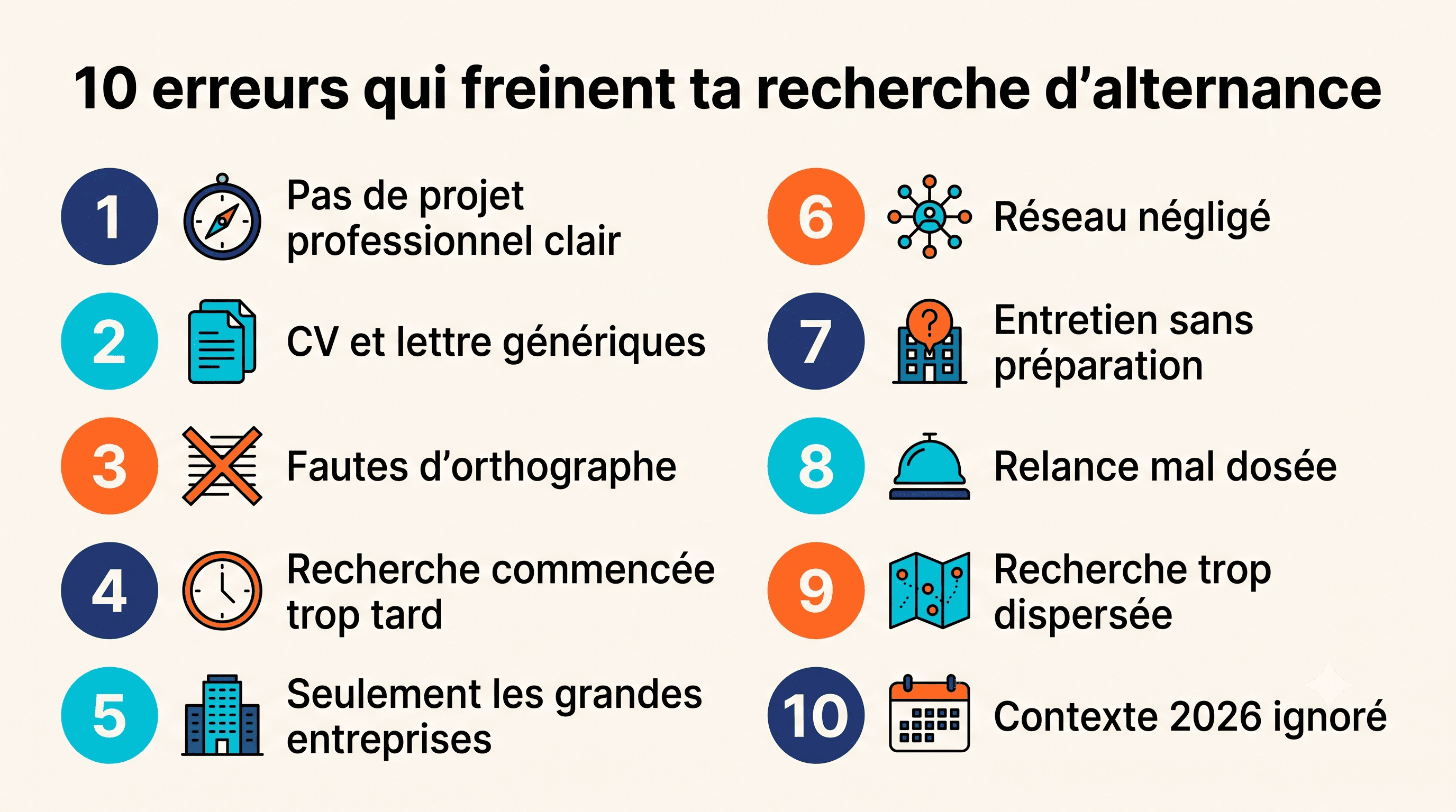 Infographie listant les 10 erreurs à éviter dans sa recherche d'alternance, du manque de projet professionnel au contexte du marché 2026