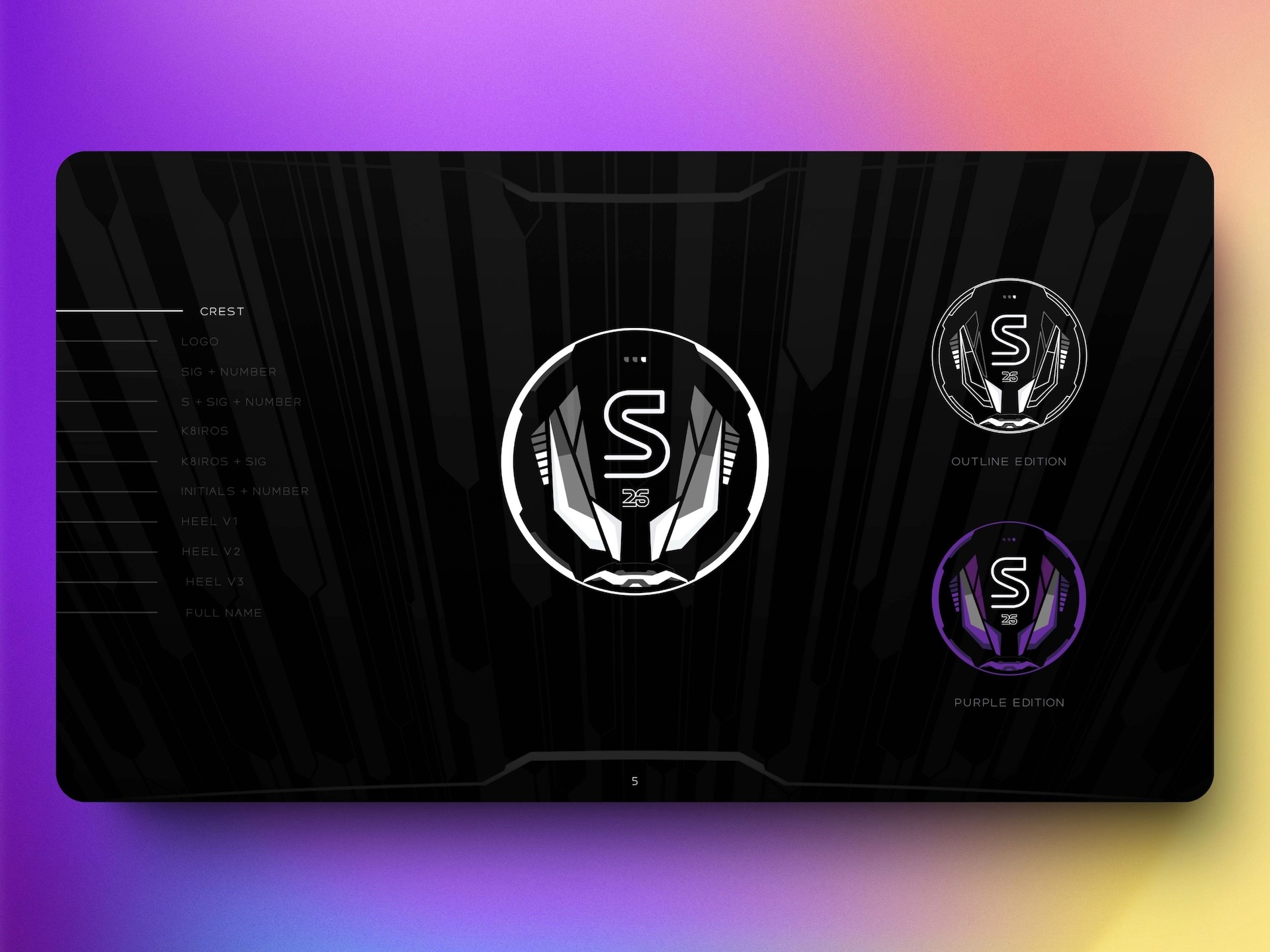SGD.26 crest design variations showing Iron Man inspired S25 logo in outline and purple editions on dark striped background