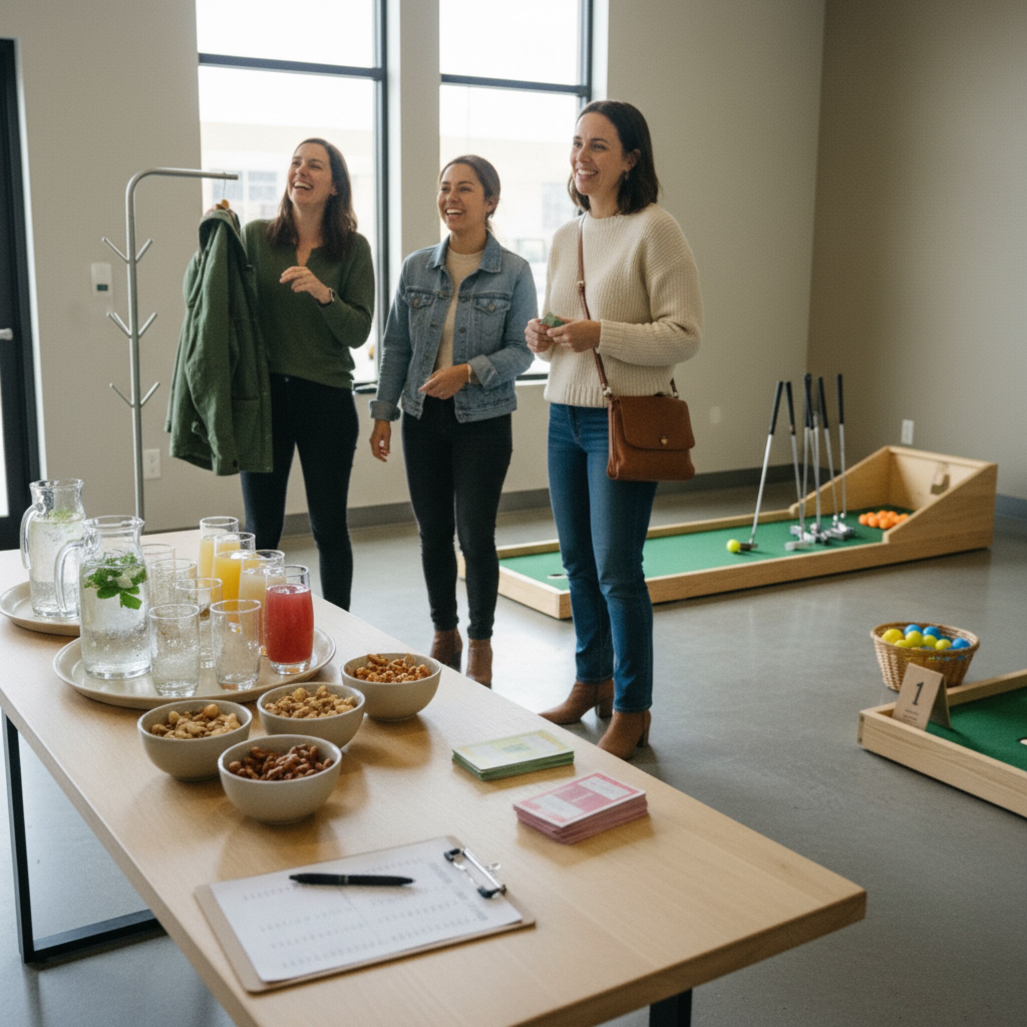 Ein schlicht dekorierter Eventbereich zeigt Tabletts mit Getränken und Schalen mit Snacks. Ein Ordner mit Namensliste liegt bereit, daneben farbige Scorekarten. Eine Gruppe trifft ein, legt Jacken ab und lacht. Die Atmosphäre ist strukturiert und freundlich, die ausgewählte Bahn wirkt sichtbar vorbereitet.