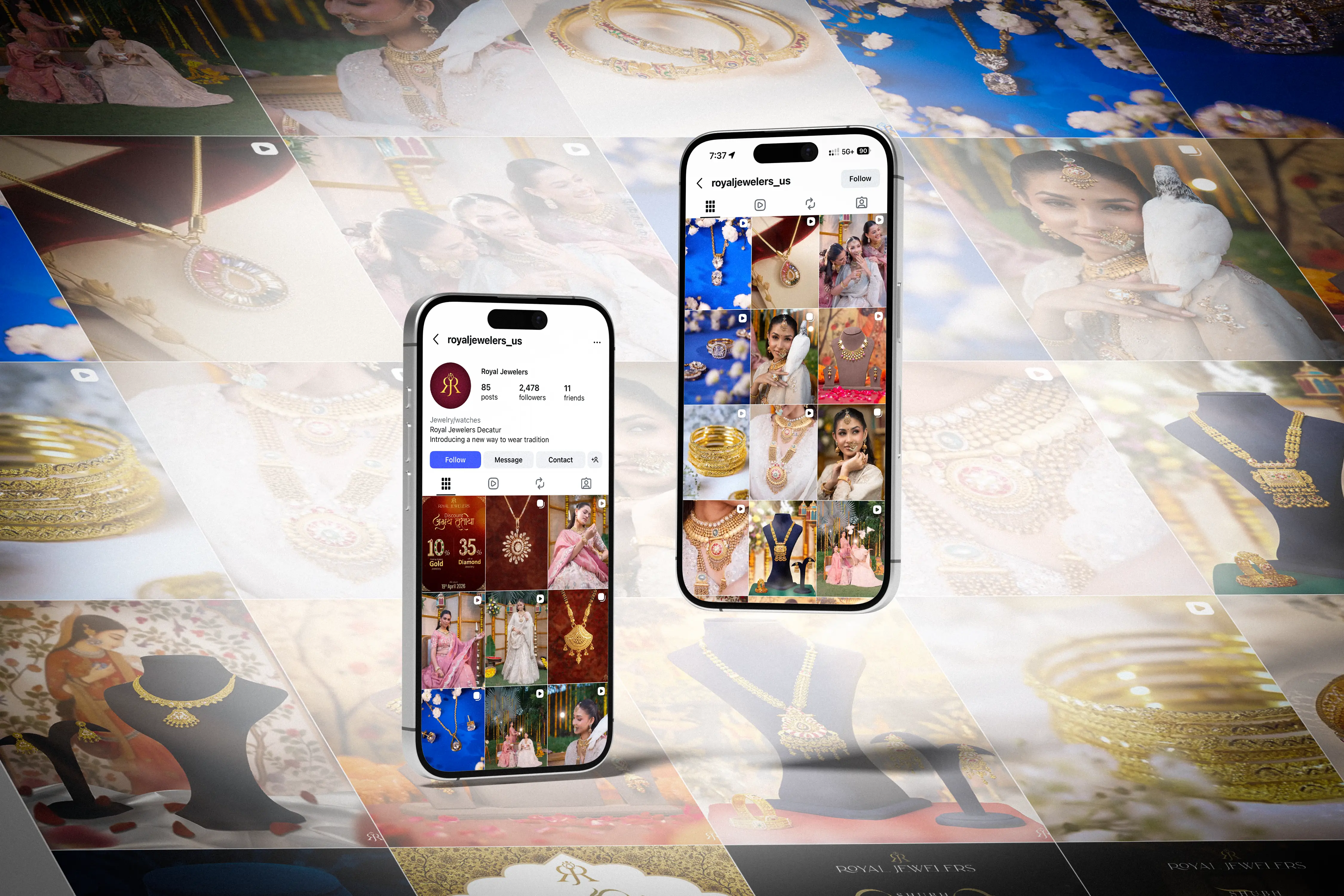 Social media content design by Idea to Edit for Royal Jewelers Decatur in Atlanta, featuring Instagram mockups, gold jewelry, bridal collections, necklaces, earrings, and campaign visuals in a cohesive branded layout.