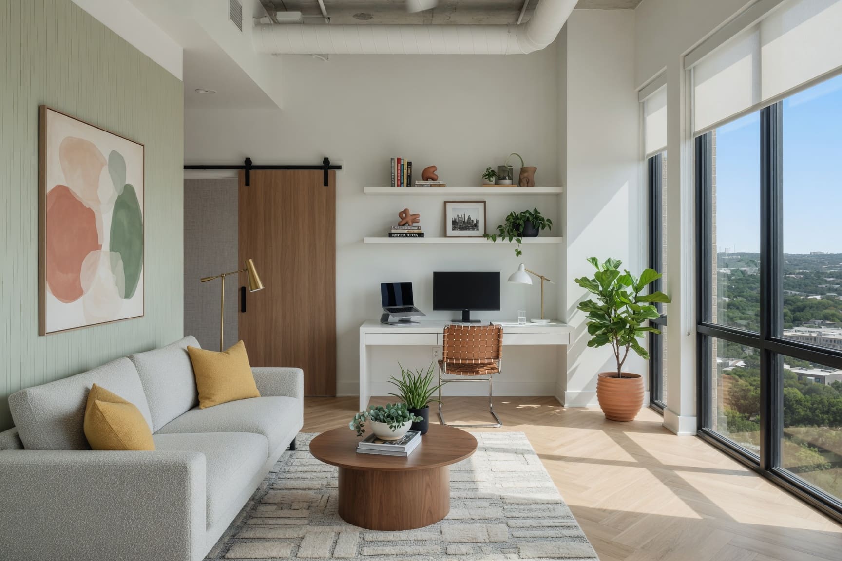 Home office with barn door, built-in shelving, and balcony access