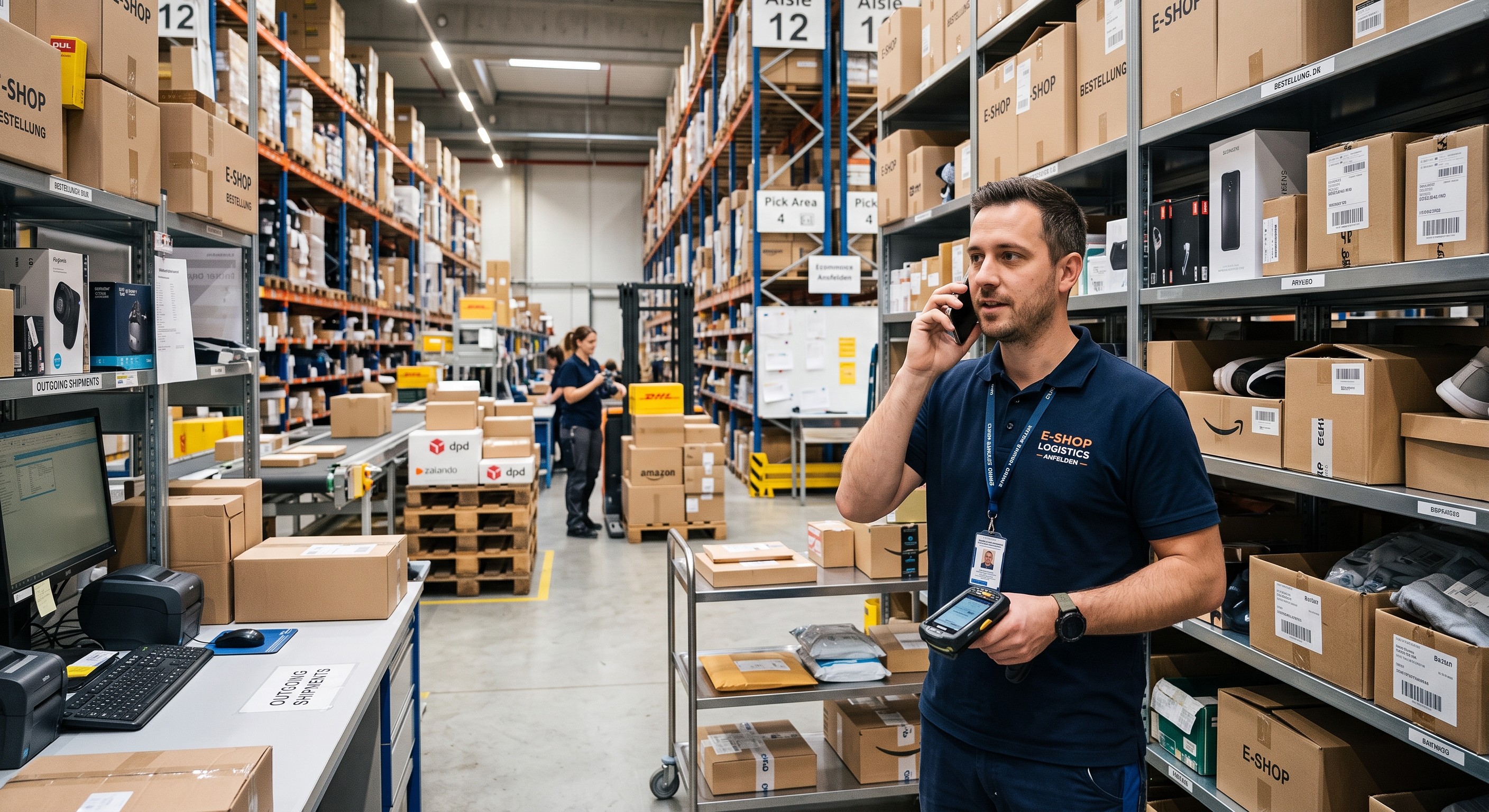 Ein Mann im dunklen Poloshirt telefoniert mit dem Smartphone in einem E-Commerce-Warenlager, während er einen Barcodescanner hält.