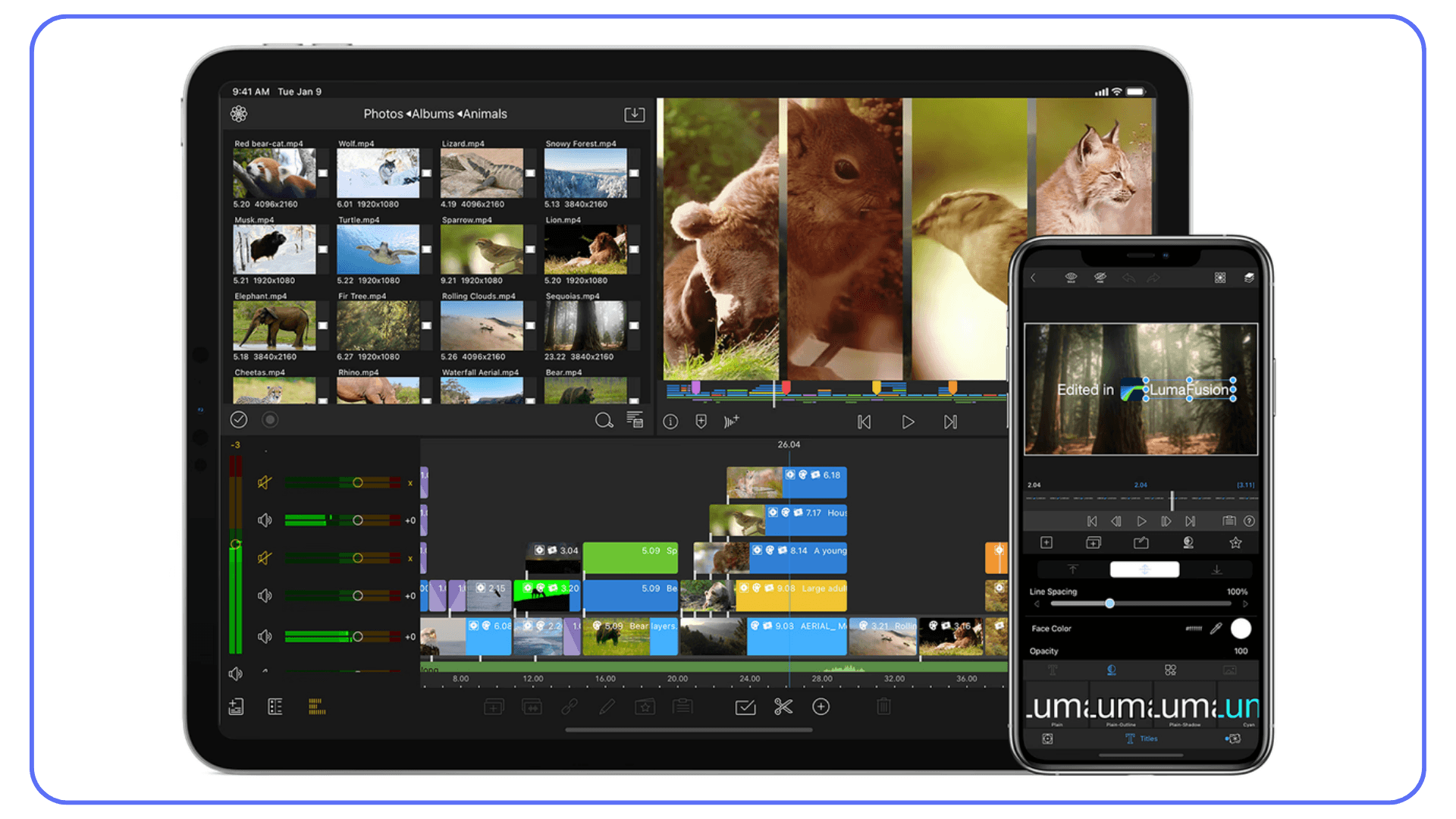 iPad and iPhone displaying video editing interface in LumaFusion app with animal footage on the timeline.