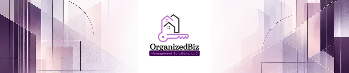 Purple architectural artwork with the Organized Biz logo