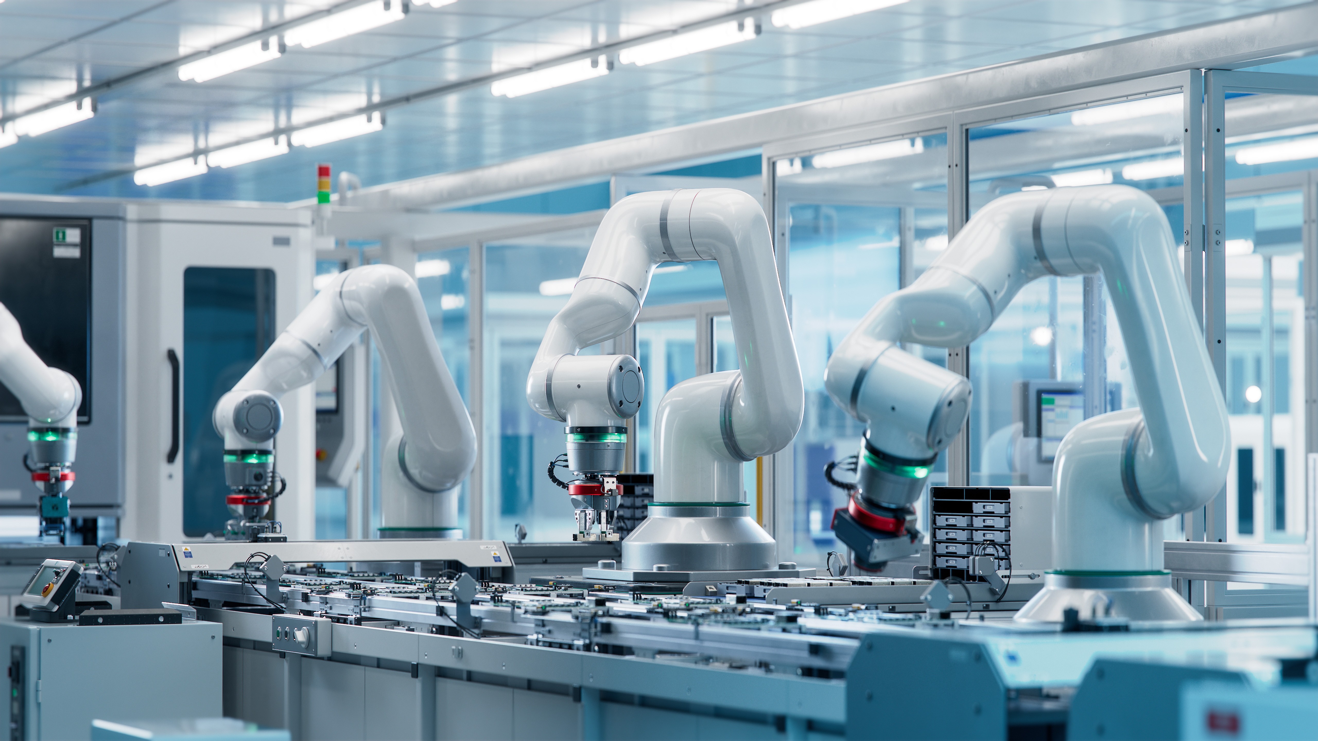 Automated production environment with industrial robots, representing quality management and operational excellence in modern organisations.