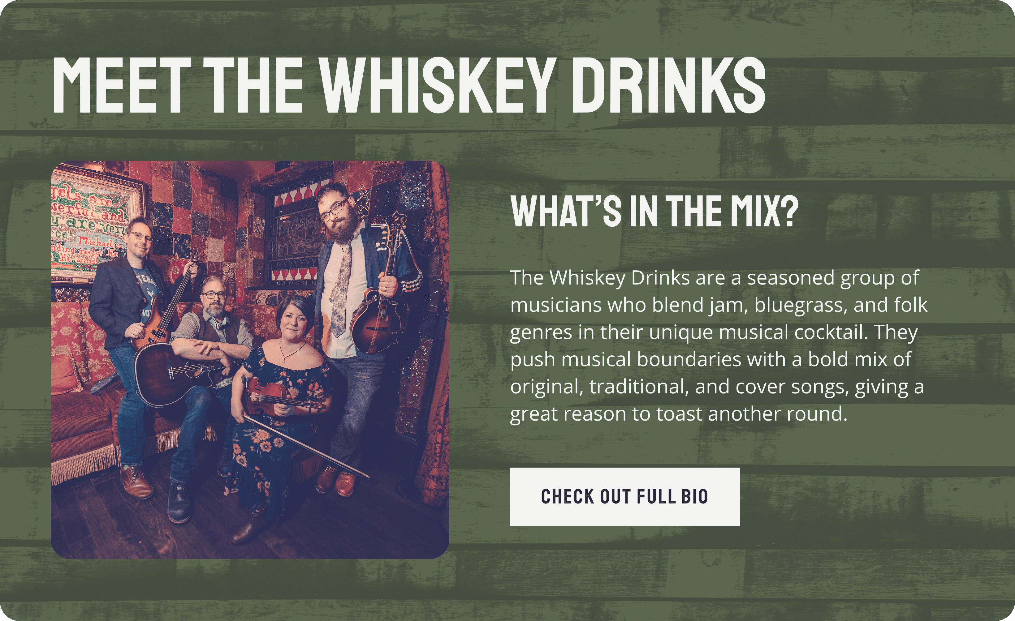 Homepage screenshot showing intro text, band photo, and call-to-action button with the headline “Meet The Whiskey Drinks.”