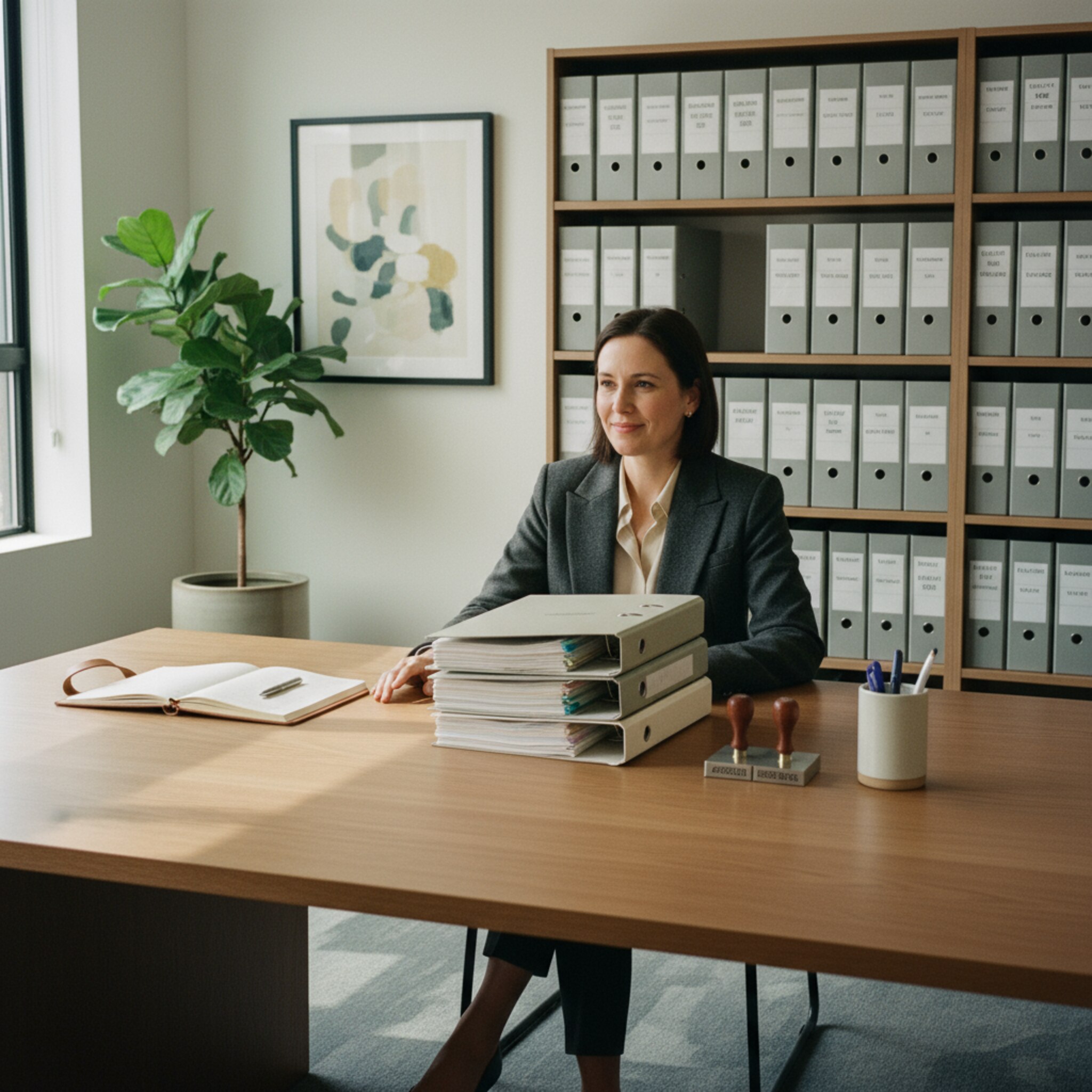 In einem stillen Besprechungsraum liegen ordentlich gestapelte Aktenordner neben einem schlichten Stempelset. Ein sauber beschriftetes Regal deutet auf strukturierte Ablagen hin. Die Szene wirkt vertrauenswürdig, kontrolliert und formal korrekt.