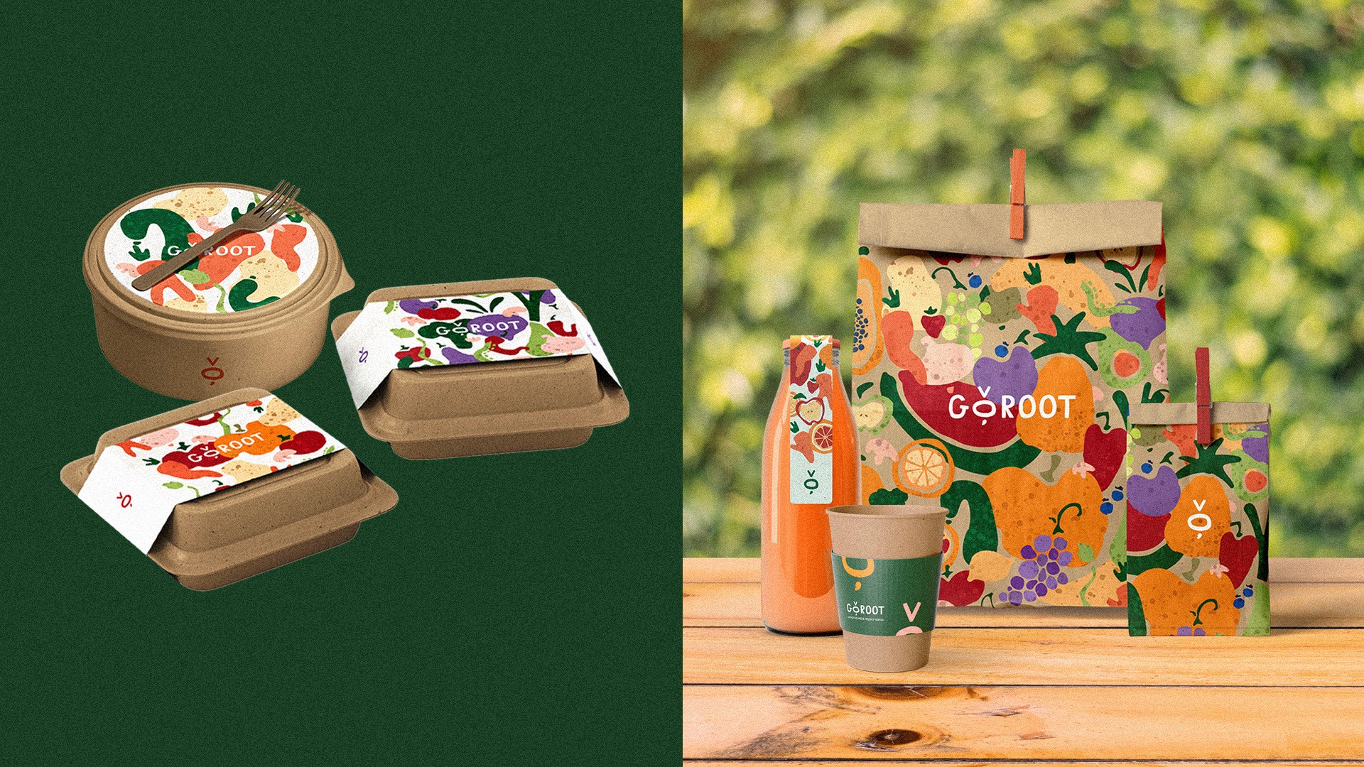 Goroot eco-friendly food packaging: kraft containers, bag, bottle and cup with colourful produce pattern |