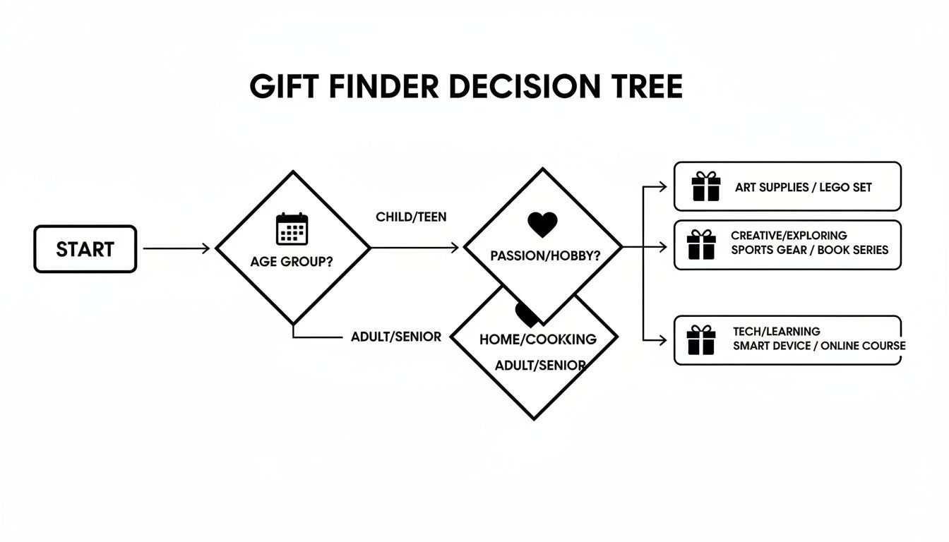 A gift finder decision tree flowchart guiding users to gift ideas based on age and interests.
