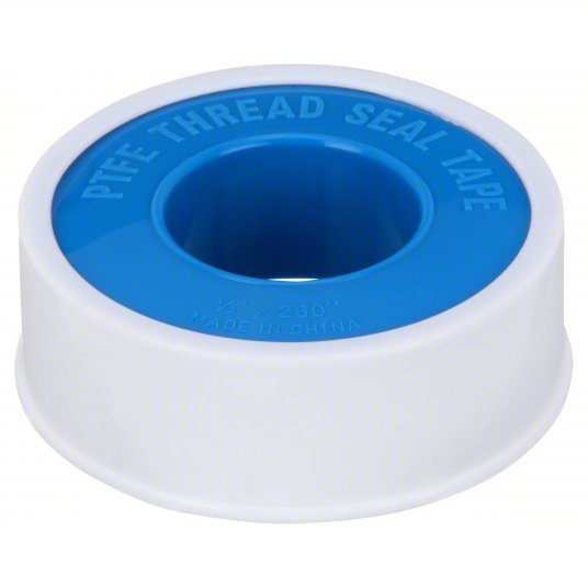 A roll of PTFE thread seal tape, featuring white outer layers and a bright blue inner core with embossed text reading 'PTFE THREAD SEAL TAPE'.
