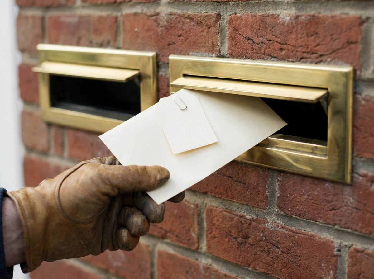 Hand steckt einen mit einem Entwurfs-Anhänger versehenen Brief in einen Postkasten neben einem leeren zweiten Postkasten