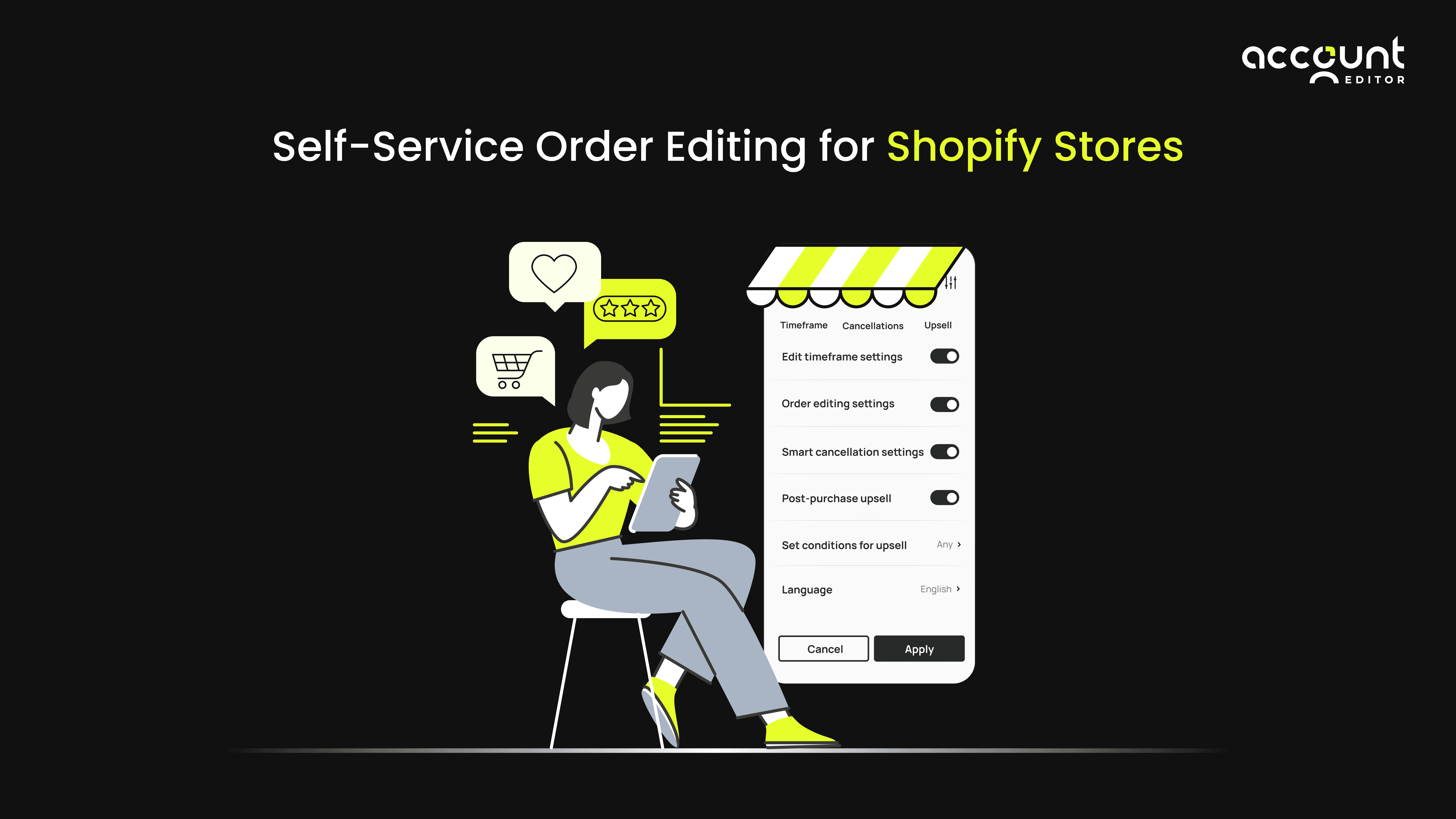 Illustration of self-service order editing in Shopify where customers change orders after purchase without contacting support