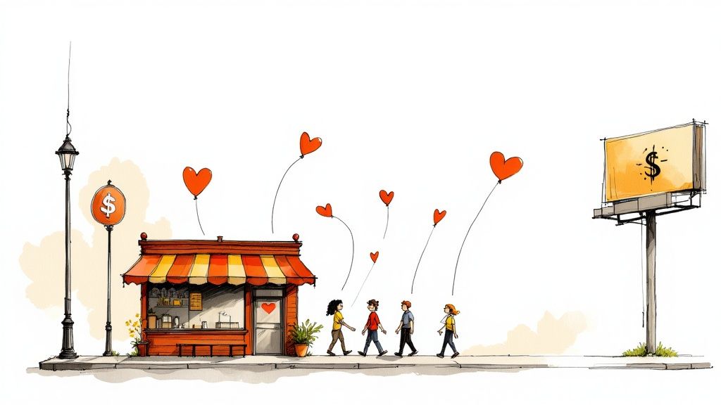 Small local shop with customers walking past showing hearts representing community engagement and organic marketing