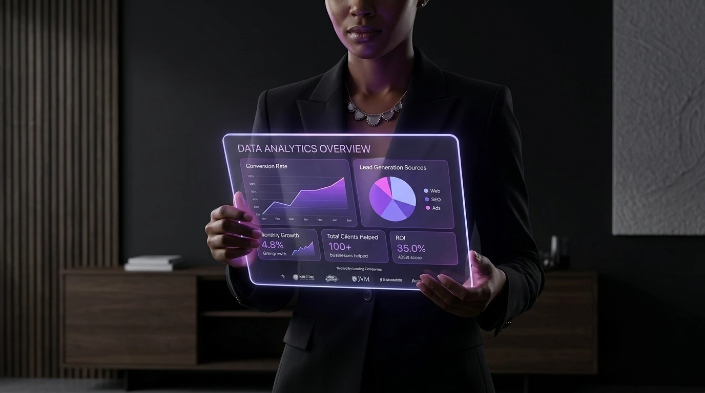 A business owner looking at a 3D glass tablet displaying AI citation metrics. The interface is clean, showing the direct impact of AEO strategies on brand visibility.