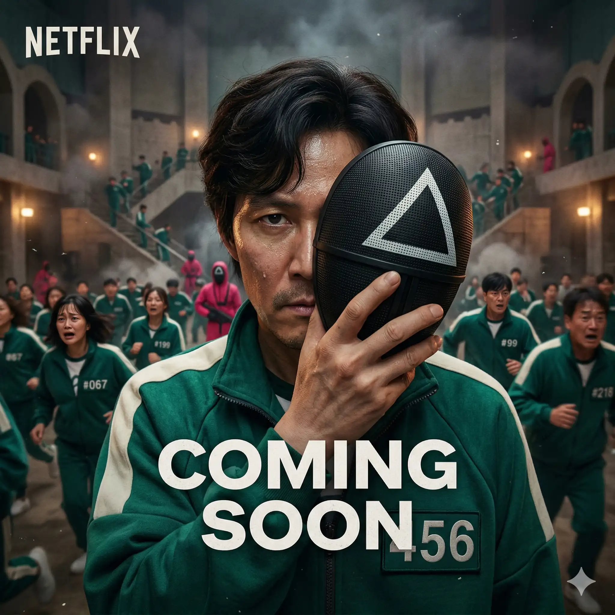 AI-generated Squid Game series cover concept featuring a man in a green tracksuit holding a black triangle mask over his face, with Netflix and 'Coming Soon' text. Created for the AI image generation portfolio of Mahendra R.