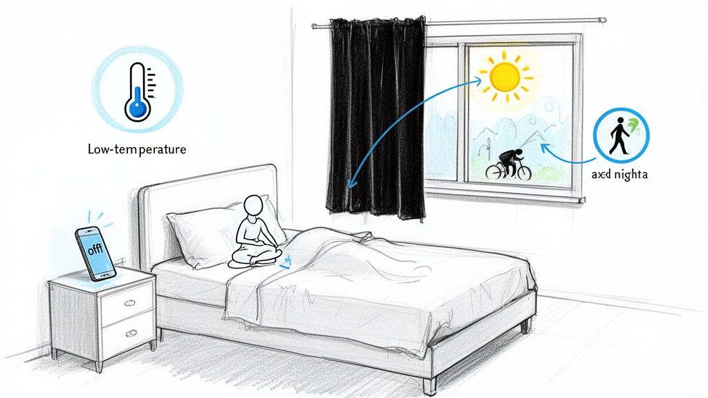 A person meditating on a bed in a bedroom, with a smartphone, low temperature icon, and outdoor window view.