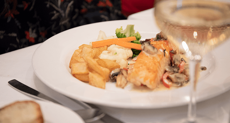 a dinner plate with fish and garnishes, and a glass of white wine